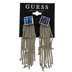 Guess Blue Rhinestone Detail and Chain Metal Dangle Earrings